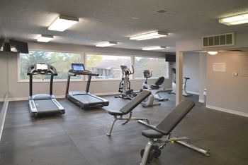 A gym with treadmills, exercise bikes, and weight machines.